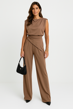 Women's High Waist Co-Ord Set – Draped Top & Wide Leg Pants Set
