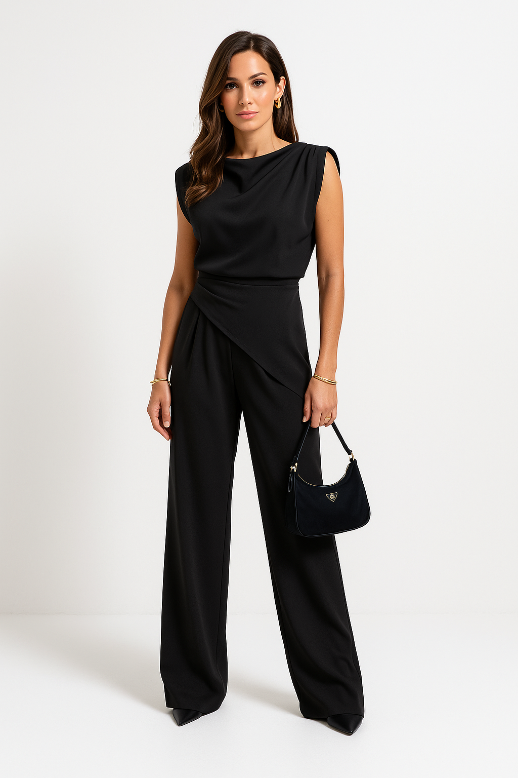 Women's High Waist Co-Ord Set – Draped Top & Wide Leg Pants Set