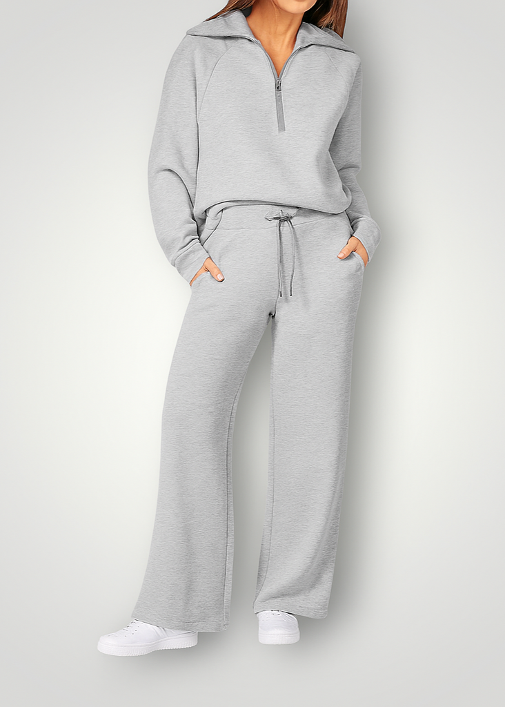 Women's Zip-Up Pants Set – High Waist Wide Leg Lounge Set