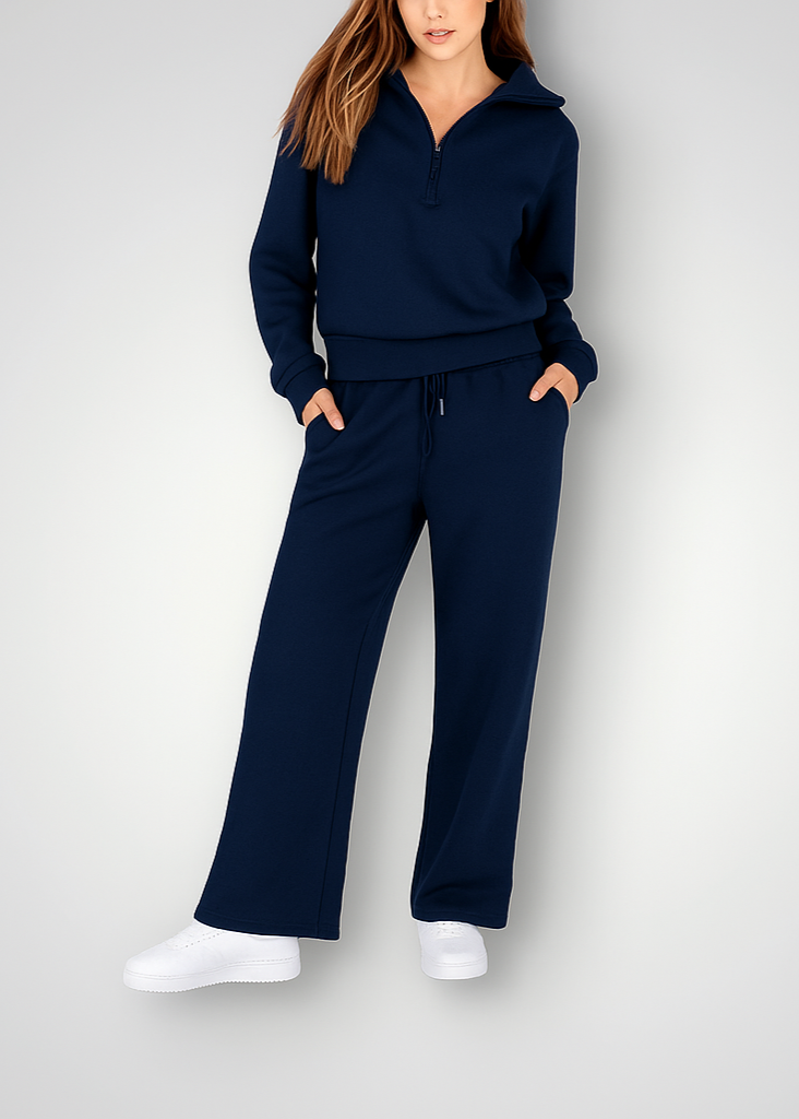 Women's Zip-Up Pants Set – High Waist Wide Leg Lounge Set