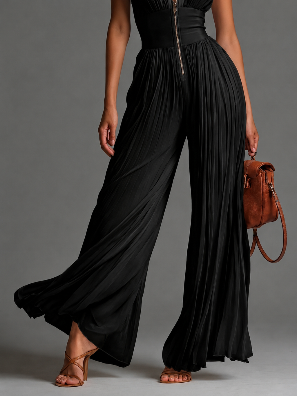 Women's Halter Wide Leg Jumpsuit – Defined Waist Evening Occasion Jumpsuit