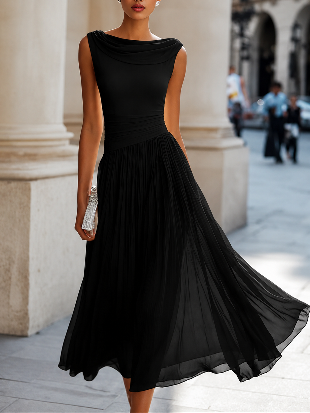 Women's Pleated Wedding Guest Midi Dress – Flowy Formal Cocktail Dress