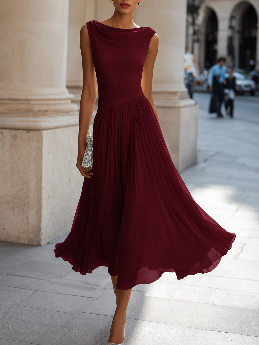 Women's Pleated Wedding Guest Midi Dress – Flowy Formal Cocktail Dress