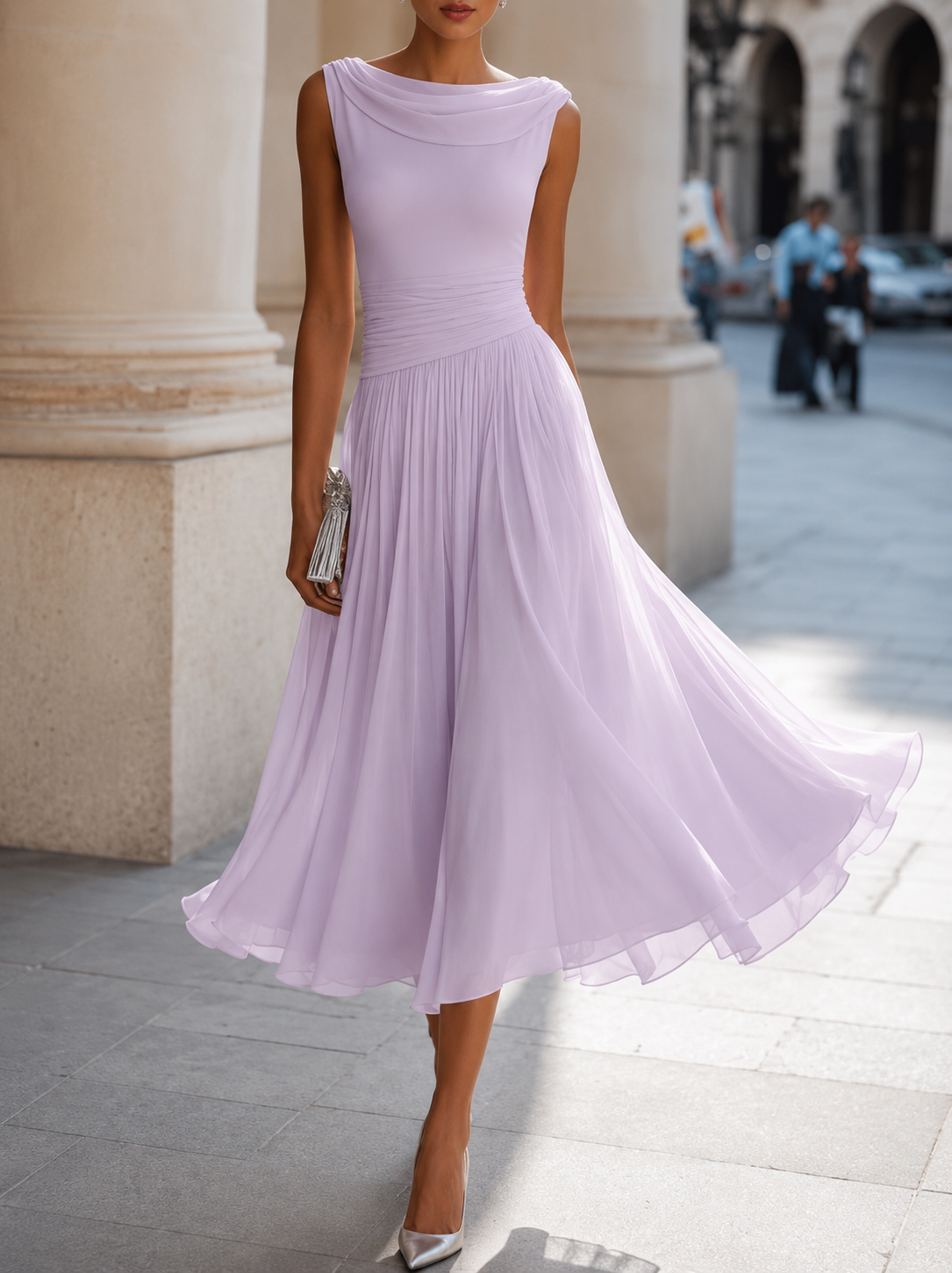 Women's Pleated Wedding Guest Midi Dress – Flowy Formal Cocktail Dress