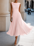 Women's Pleated Wedding Guest Midi Dress – Flowy Formal Cocktail Dress