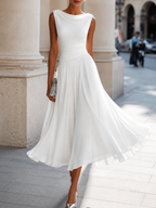 Women's Pleated Wedding Guest Midi Dress – Flowy Formal Cocktail Dress