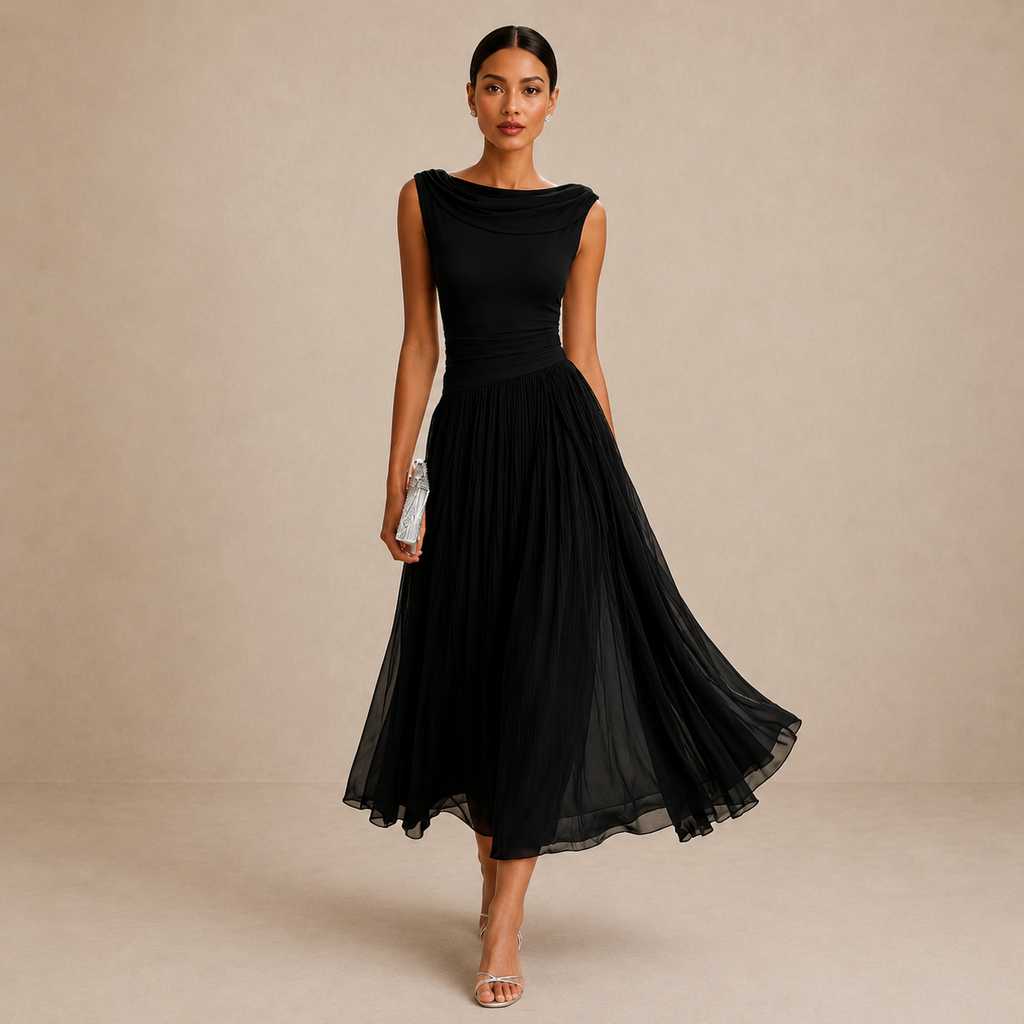 Women's Pleated Wedding Guest Midi Dress – Flowy Formal Cocktail Dress