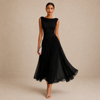 Women's Pleated Wedding Guest Midi Dress – Flowy Formal Cocktail Dress