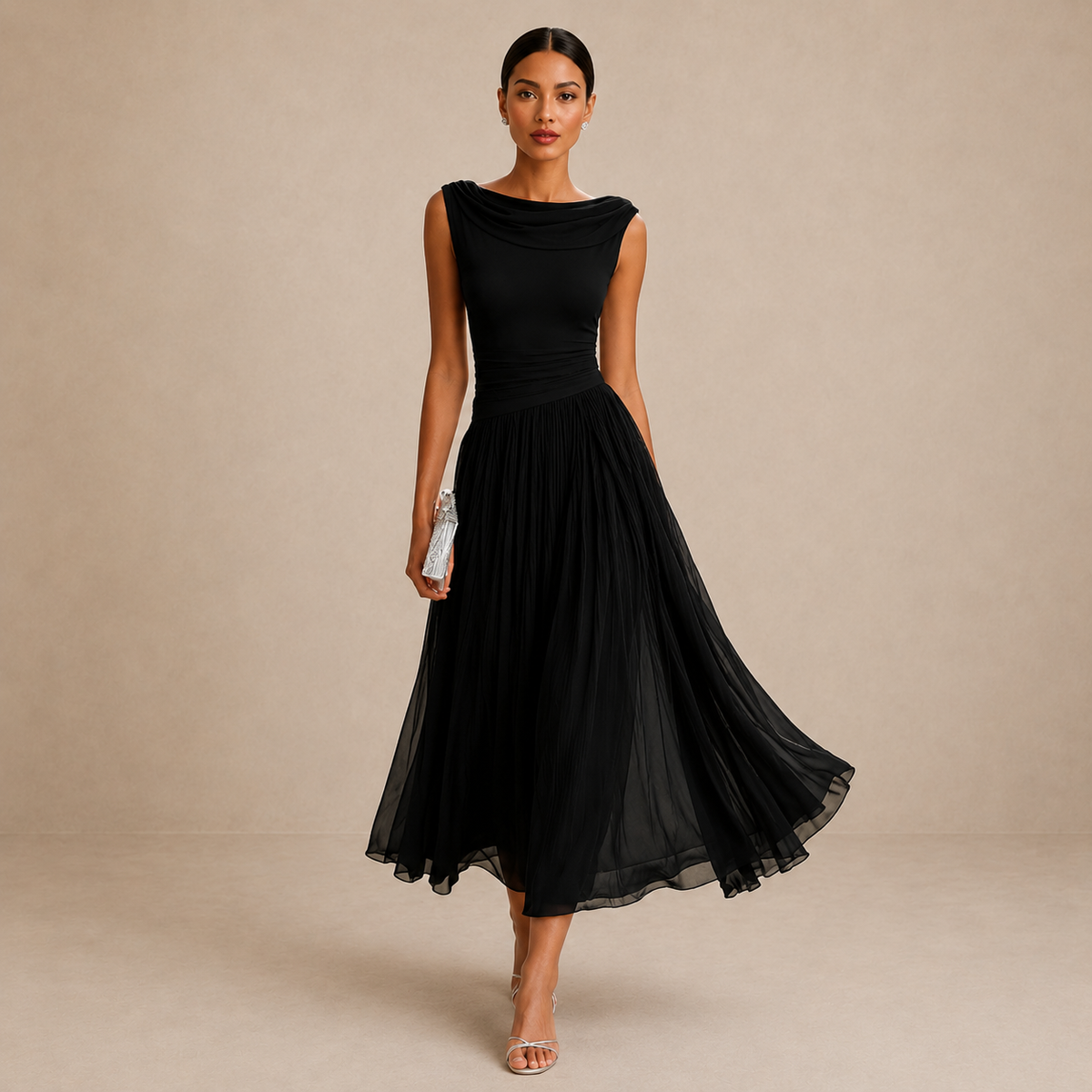 Women's Pleated Wedding Guest Midi Dress – Flowy Formal Cocktail Dress