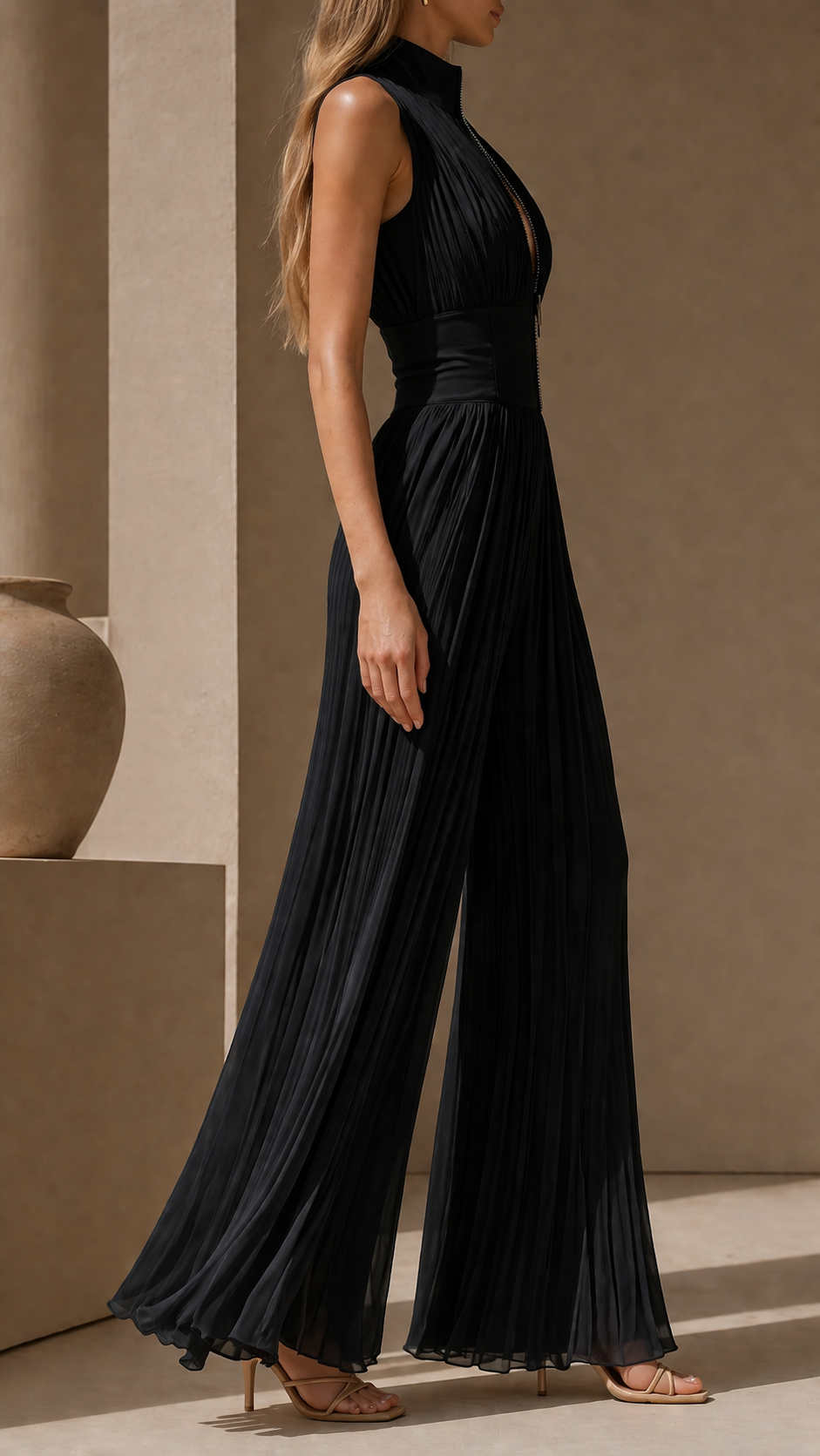 Women's Pleated Formal Jumpsuit – Tailored Evening Occasion Jumpsuit