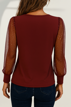 Women's Glitter Mesh Sleeve Blouse – Sheer Sleeve Sparkly Party Blouse