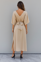 Women's Deep V-Neck Maxi Dress – Tie Waist Side Slit Evening Dress