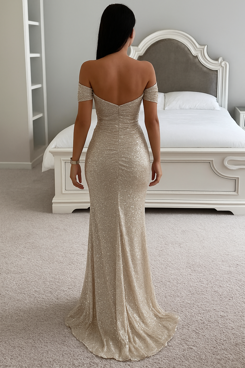 Women's Off-Shoulder Sequin Evening Dress – Pleated High Slit Maxi Dress