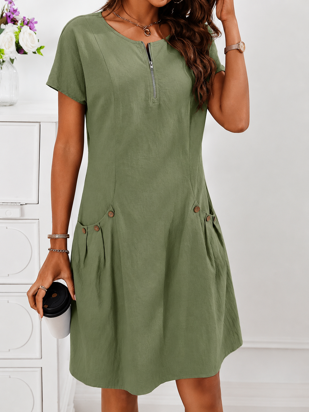 Women's Pocket A-Line Midi Dress – Short Sleeve Relaxed Day Dress