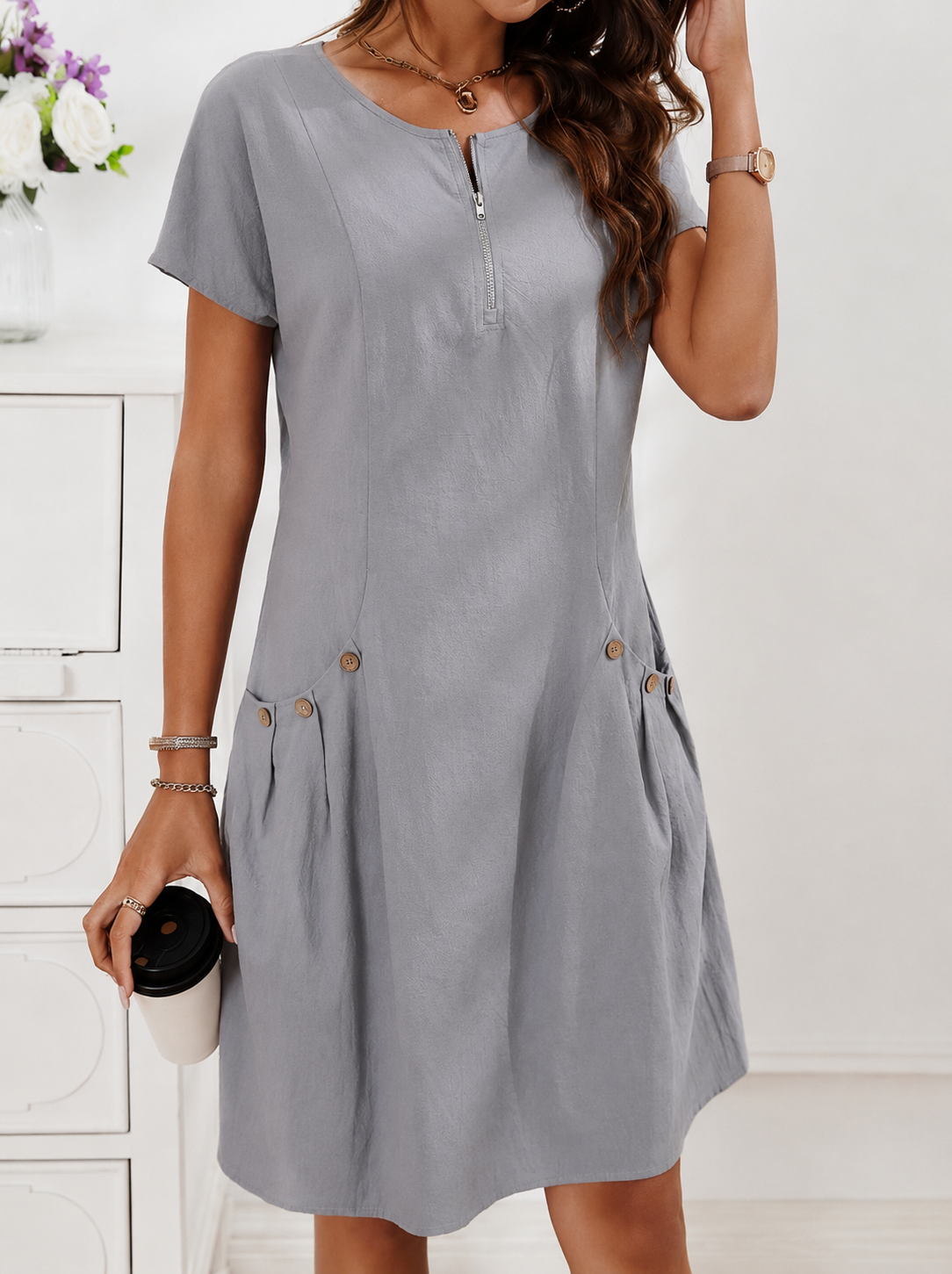 Women's Pocket A-Line Midi Dress – Short Sleeve Relaxed Day Dress