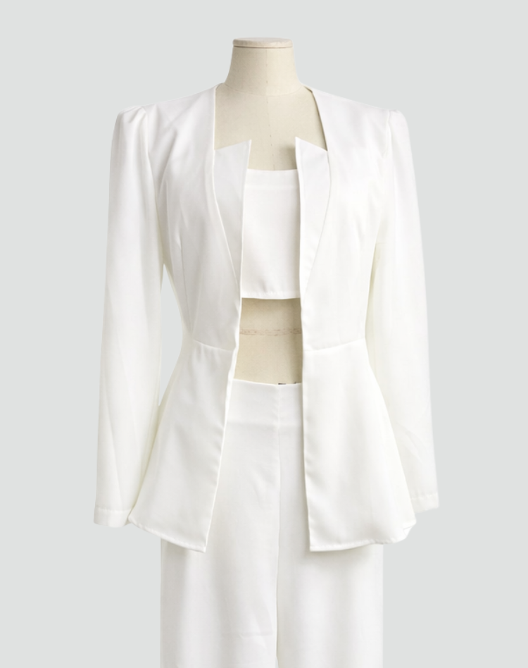 Women's Three Piece Tailored Blazer Set – Crop Top and Matching Pants Set