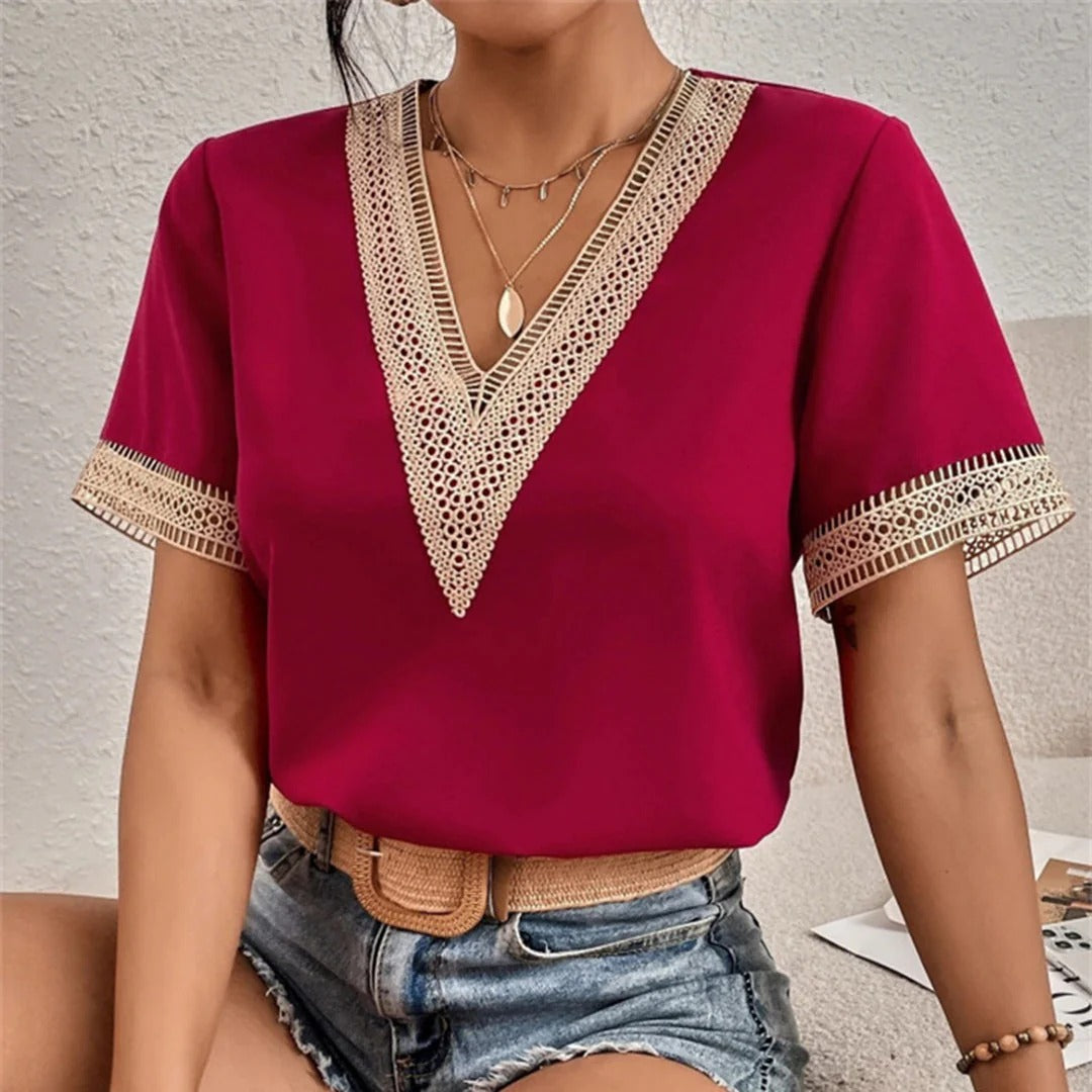 Women's Split Lace Blouse – V-Neck Long Sleeve Blouse