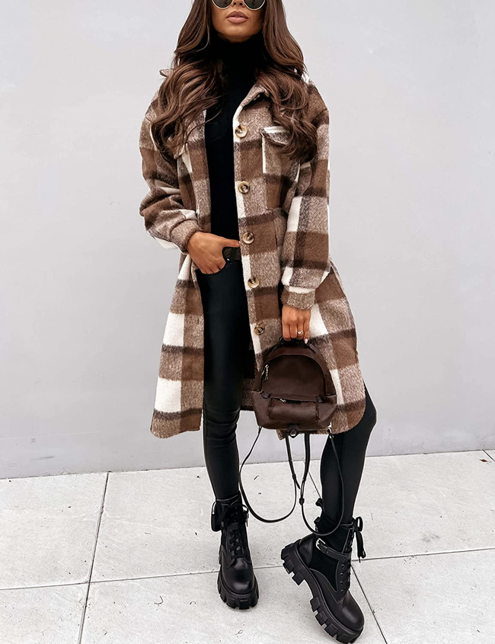 Women's Plaid Winter Coat – Relaxed Long Button Front Overcoat