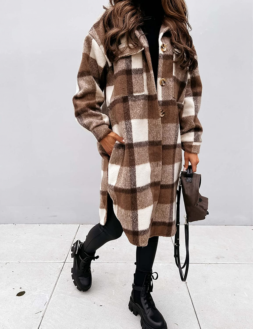 Women's Plaid Winter Coat – Relaxed Long Button Front Overcoat