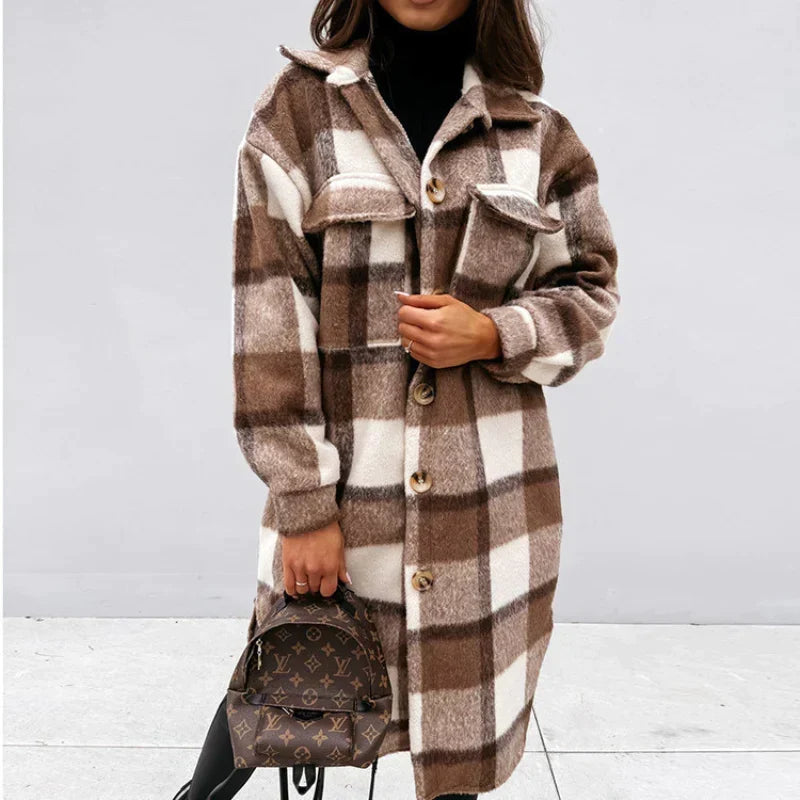 Women's Plaid Winter Coat – Relaxed Long Button Front Overcoat