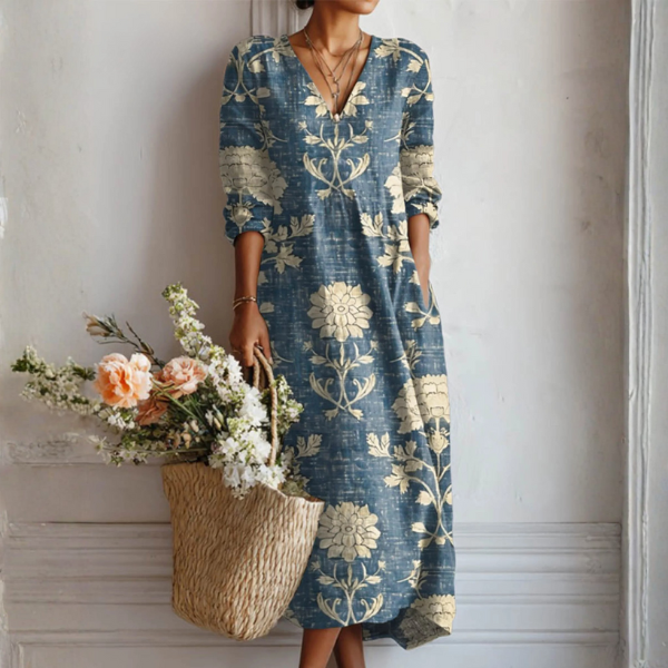 Women's Vintage Floral Midi Dress – A-Line Flowy Summer Dress