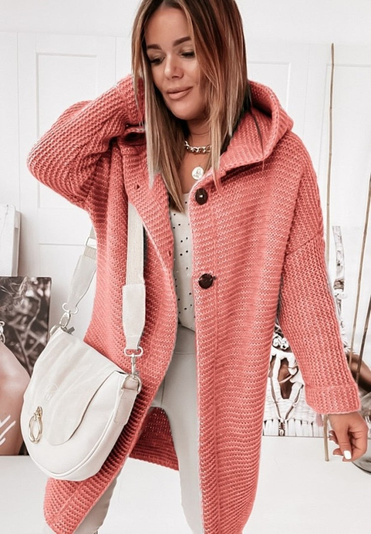 Women's Oversized Hooded Cardigan – Long Button Knit Coat