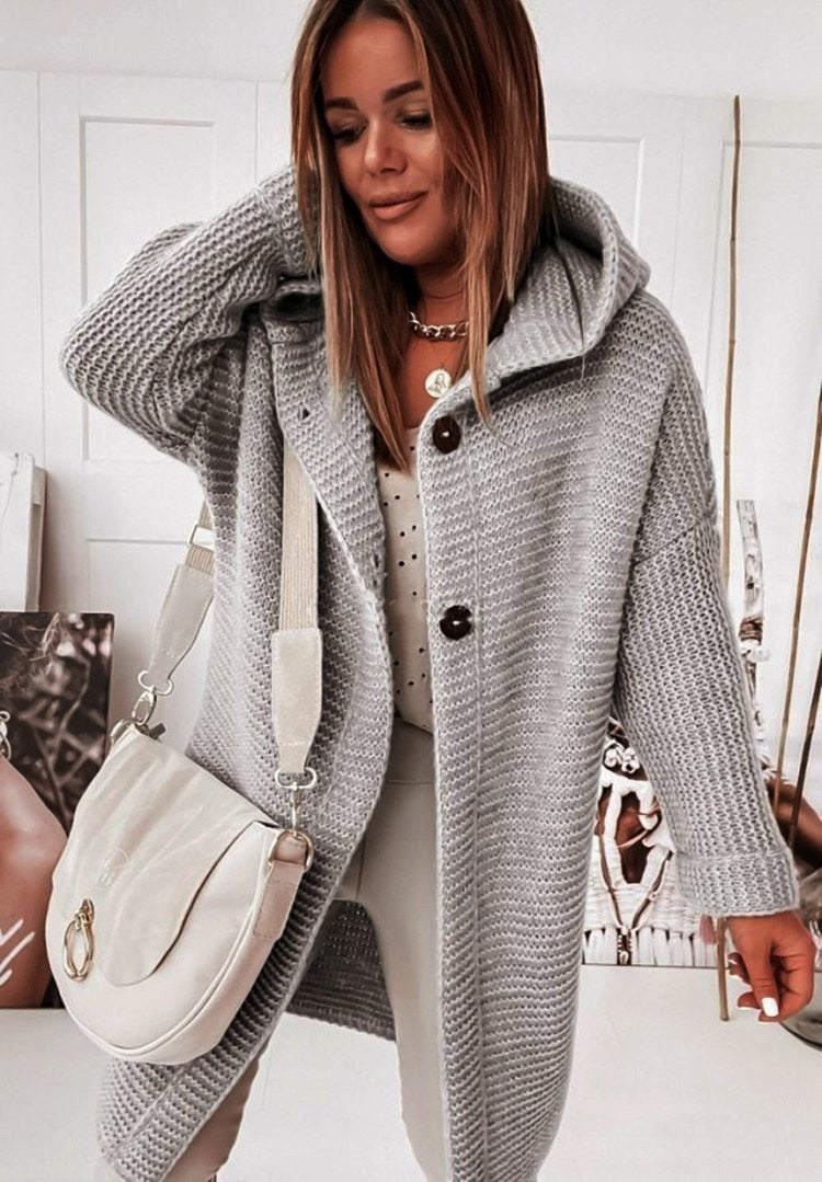 Women's Oversized Hooded Cardigan – Long Button Knit Coat