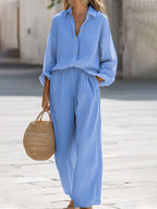 Women's Long Sleeve Co-Ord Set – Oversized Top & Wide Leg Pants Set