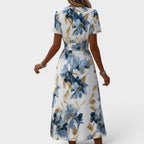 Women's V-Neck Floral Midi Dress – A-Line Gathered Waist Occasion Dress