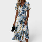 Women's V-Neck Floral Midi Dress – A-Line Gathered Waist Occasion Dress