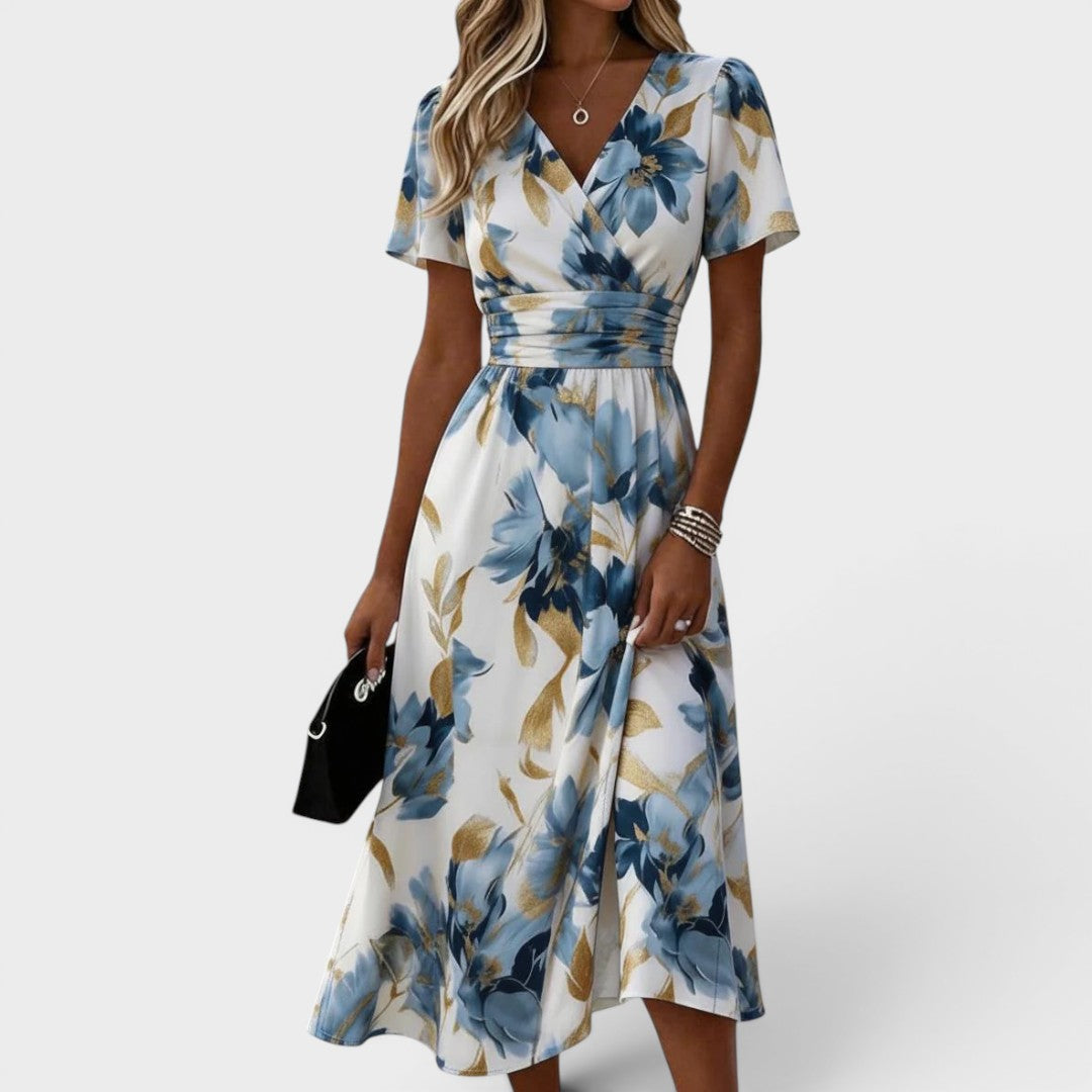 Women's V-Neck Floral Midi Dress – A-Line Gathered Waist Occasion Dress