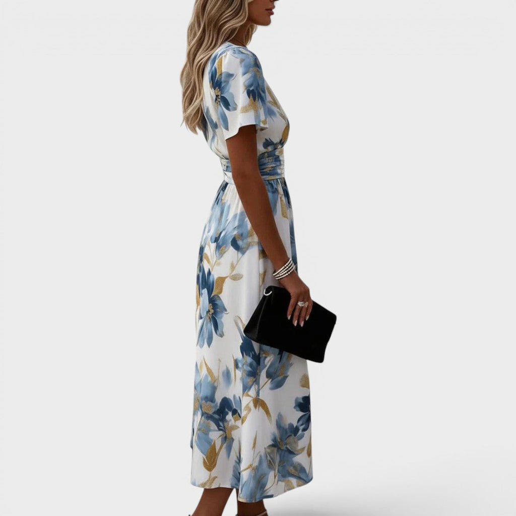 Women's V-Neck Floral Midi Dress – A-Line Gathered Waist Occasion Dress