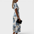 Women's V-Neck Floral Midi Dress – A-Line Gathered Waist Occasion Dress