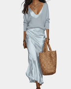 Women's Long Sleeve Two-Piece Set – Blouse & Midi Skirt Set