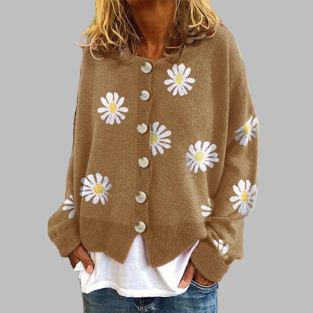 Women's Floral Round Neck Cardigan – Long Sleeve Knit Cardigan
