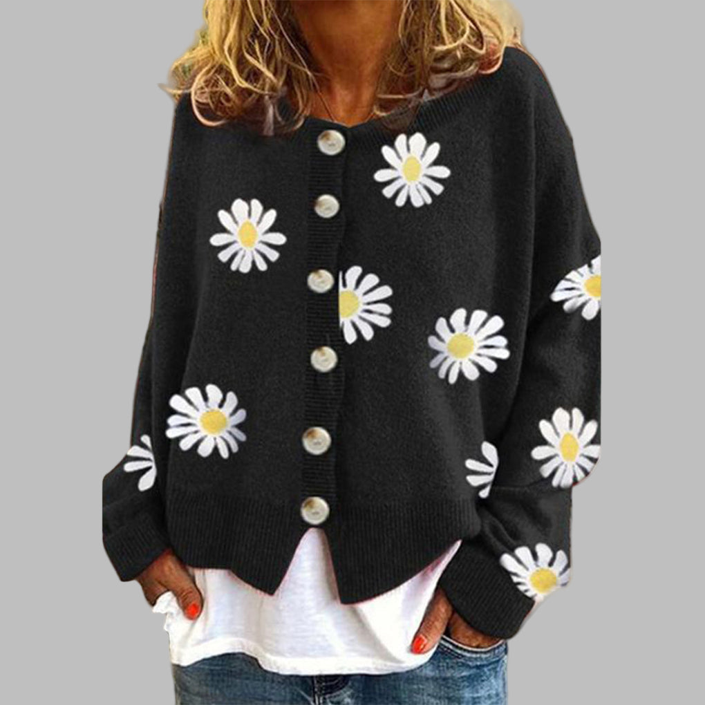 Women's Floral Round Neck Cardigan – Long Sleeve Knit Cardigan