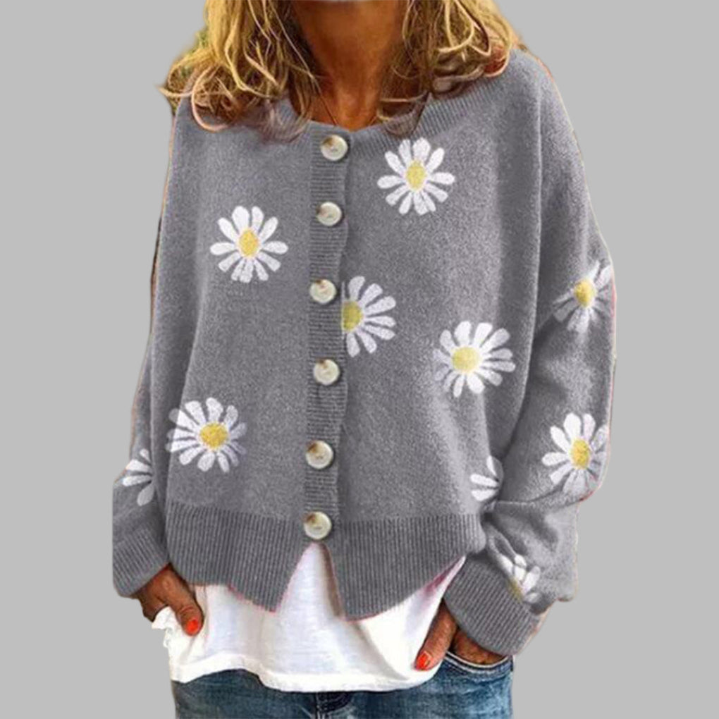 Women's Floral Round Neck Cardigan – Long Sleeve Knit Cardigan
