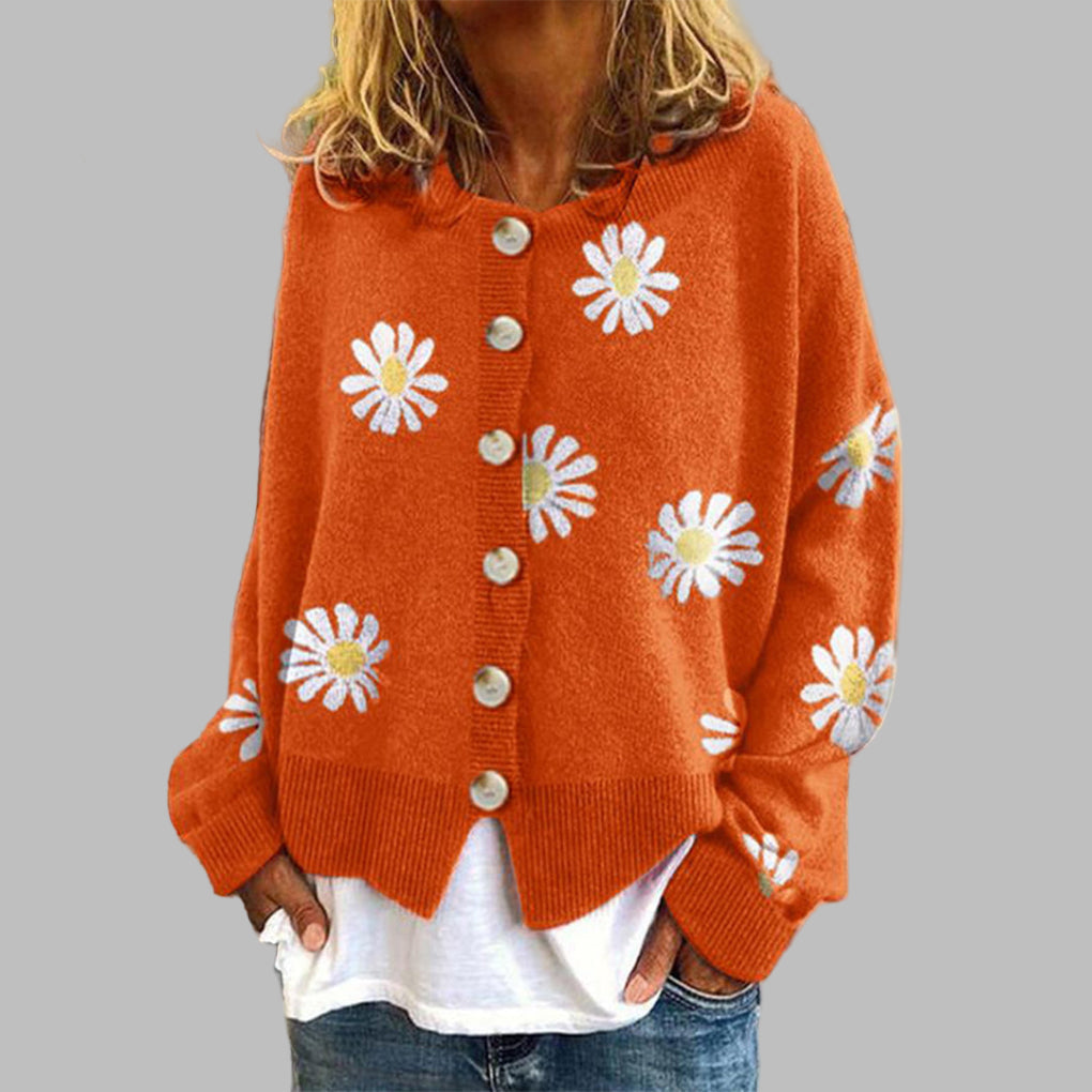 Women's Floral Round Neck Cardigan – Long Sleeve Knit Cardigan