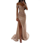 Women's Off-Shoulder Sequin Evening Dress – Pleated High Slit Maxi Dress