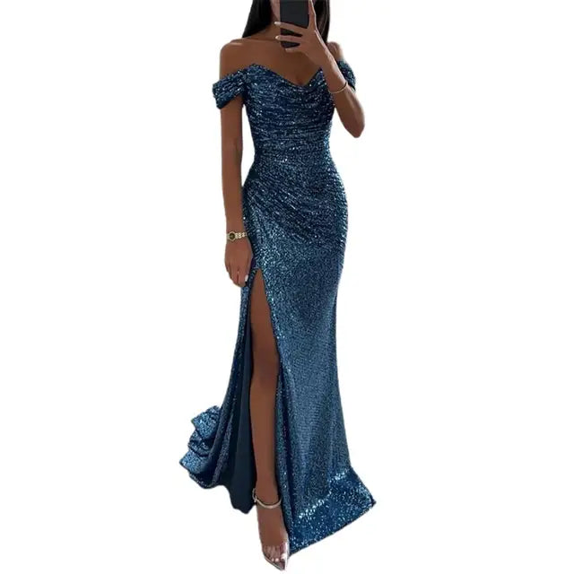 Women's Off-Shoulder Sequin Evening Dress – Pleated High Slit Maxi Dress