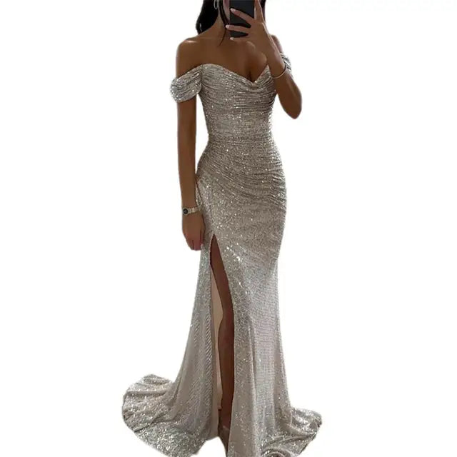 Women's Off-Shoulder Sequin Evening Dress – Pleated High Slit Maxi Dress