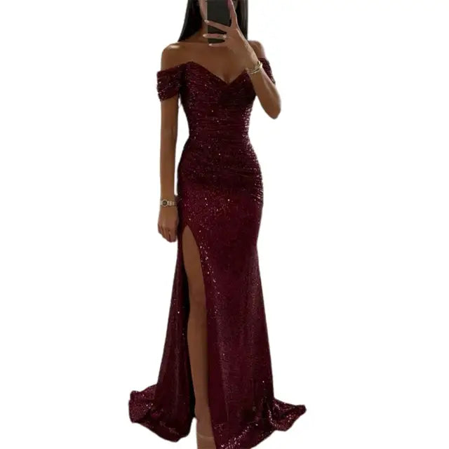 Women's Off-Shoulder Sequin Evening Dress – Pleated High Slit Maxi Dress