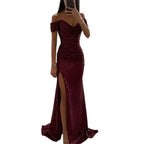 Women's Off-Shoulder Sequin Evening Dress – Pleated High Slit Maxi Dress