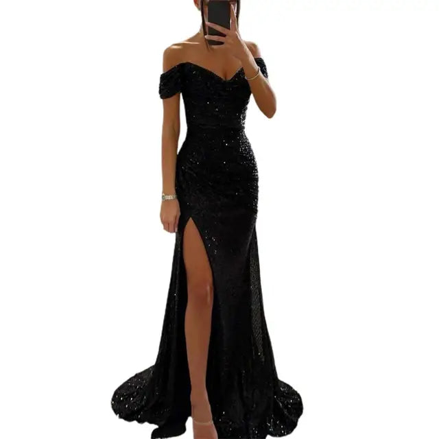 Women's Off-Shoulder Sequin Evening Dress – Pleated High Slit Maxi Dress