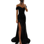Women's Off-Shoulder Sequin Evening Dress – Pleated High Slit Maxi Dress