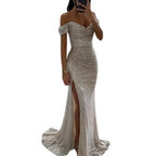Women's Off-Shoulder Sequin Evening Dress – Pleated High Slit Maxi Dress
