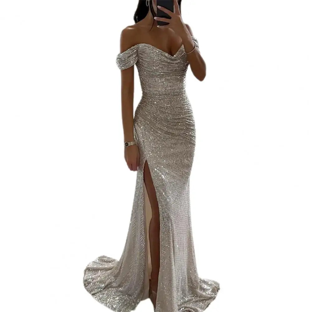 Women's Off-Shoulder Sequin Evening Dress – Pleated High Slit Maxi Dress