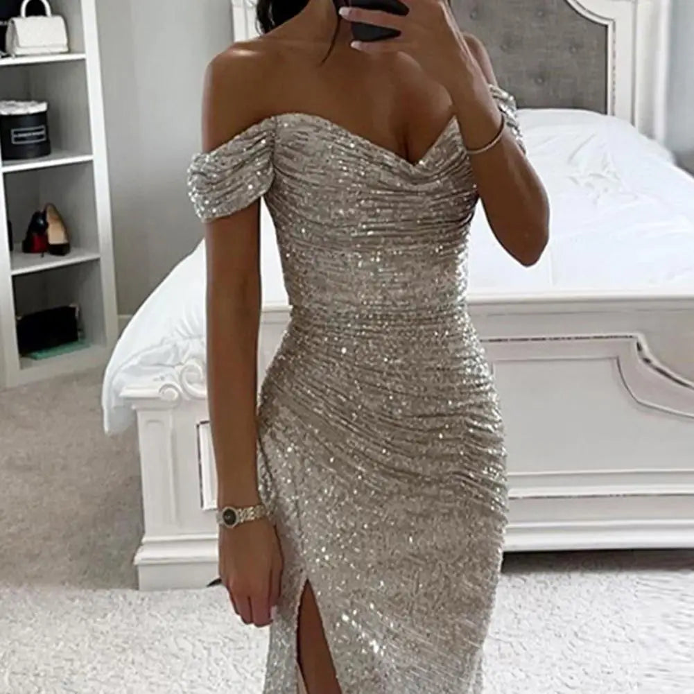 Women's Off-Shoulder Sequin Evening Dress – Pleated High Slit Maxi Dress
