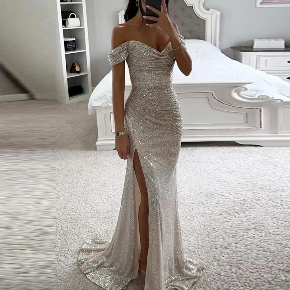 Women's Off-Shoulder Sequin Evening Dress – Pleated High Slit Maxi Dress