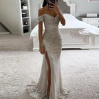 Women's Off-Shoulder Sequin Evening Dress – Pleated High Slit Maxi Dress